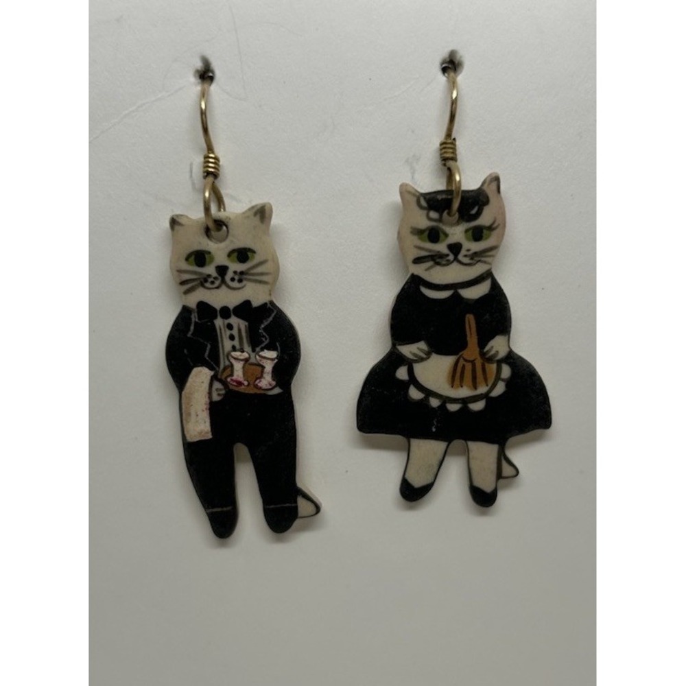Pair Vintage Ceramic/Porcelain Cat Earrings Dressed Boy Girl Pair Broom SIGNED